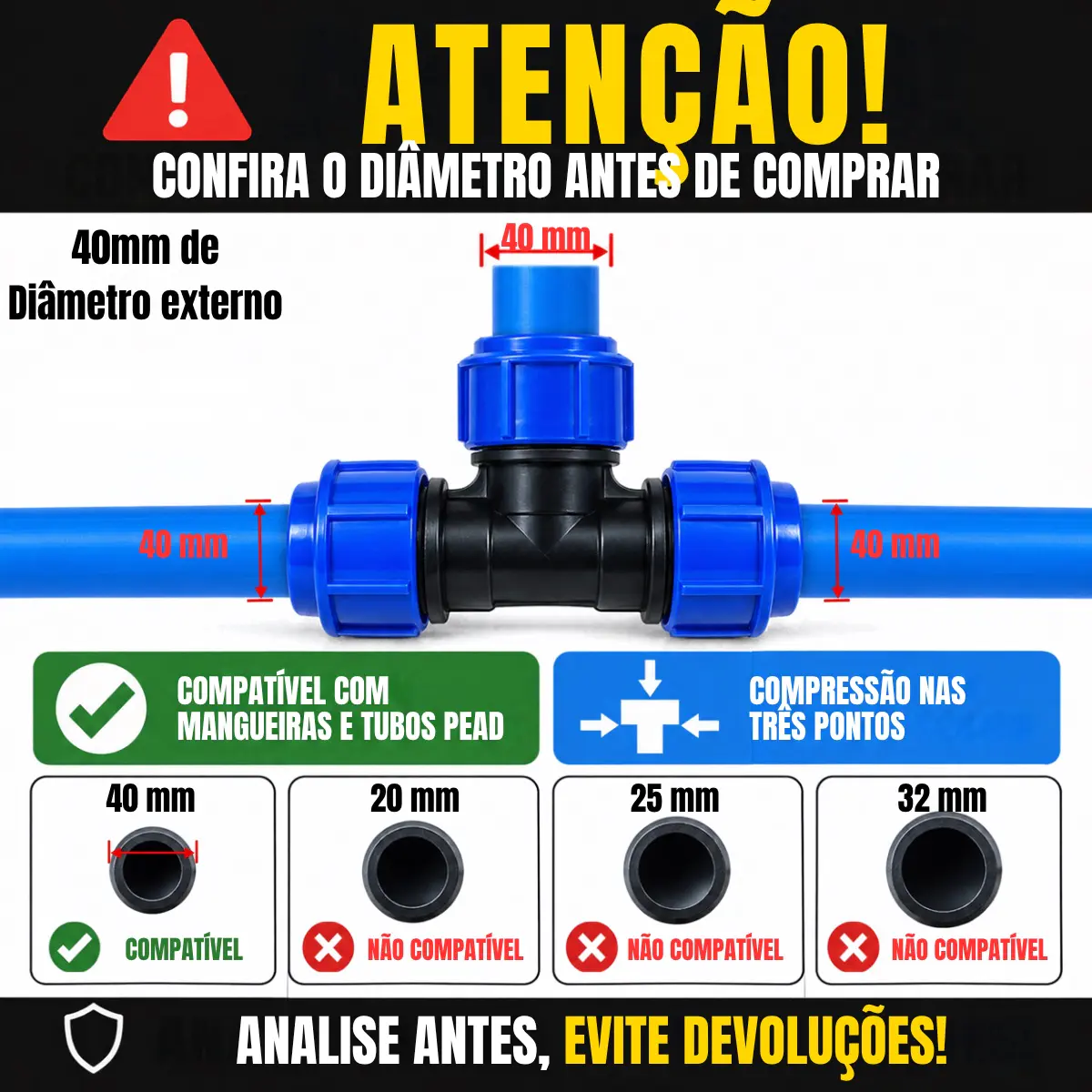 Tê de Compressão PEAD 40 mm – Conexão T para Mangueira PEAD