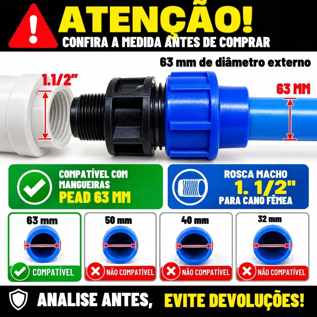 Adaptador Macho de Compressão PEAD 63 mm x 1.1/2" – Rosca Macho