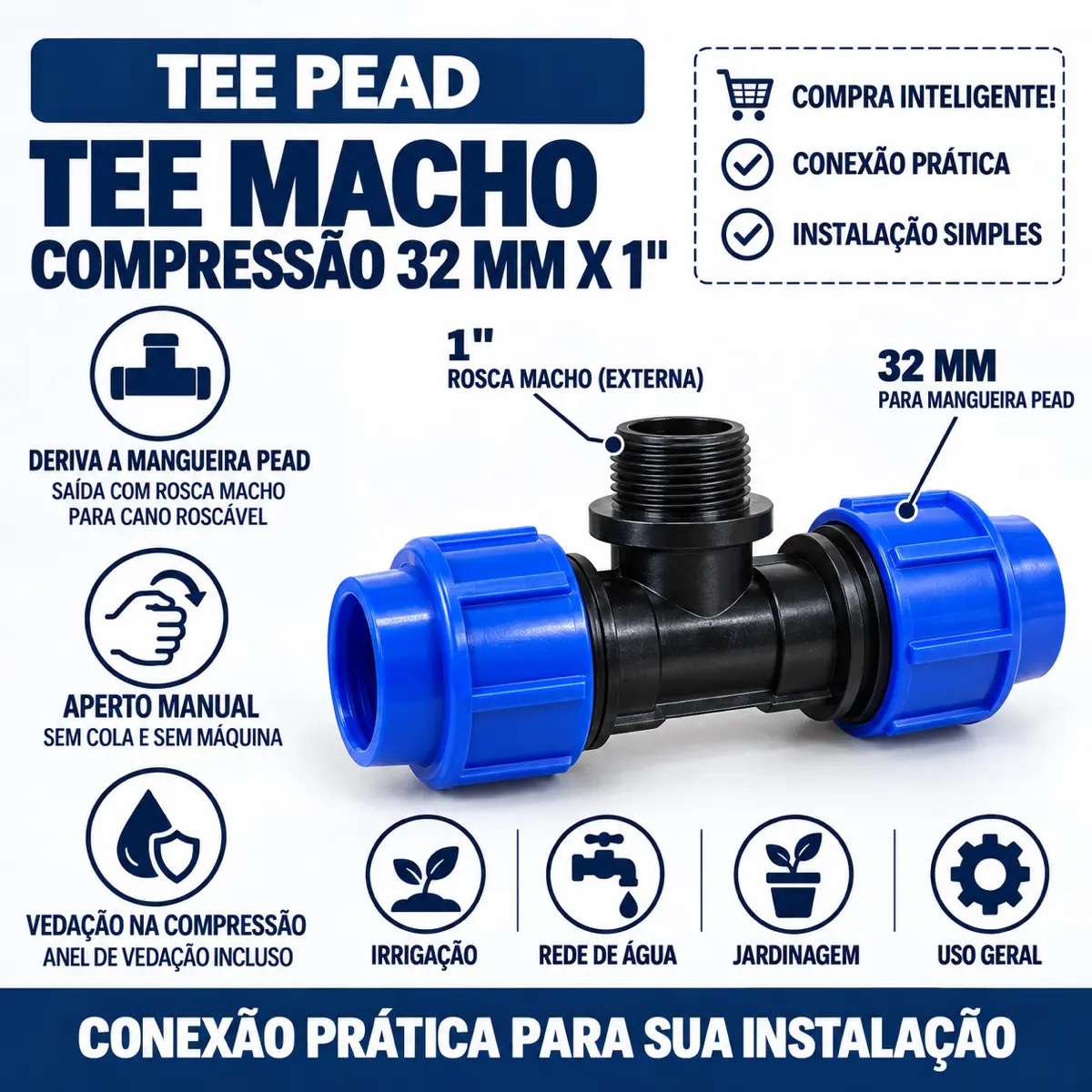 Tê Macho de Compressão PEAD 32 mm x 1" – Saída com Rosca Macho