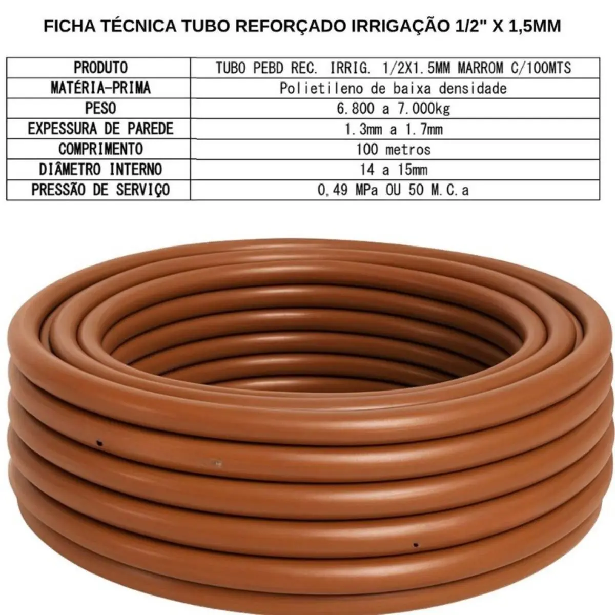 Mangueira PEBD Marrom 1/2" x 1,5 mm Rolo 100 m – Marcação Metro a Metro