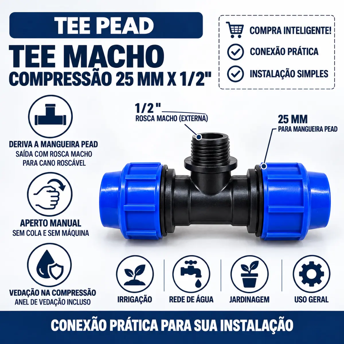 Tê Macho de Compressão PEAD 25 mm x 1/2" – Saída com Rosca Macho