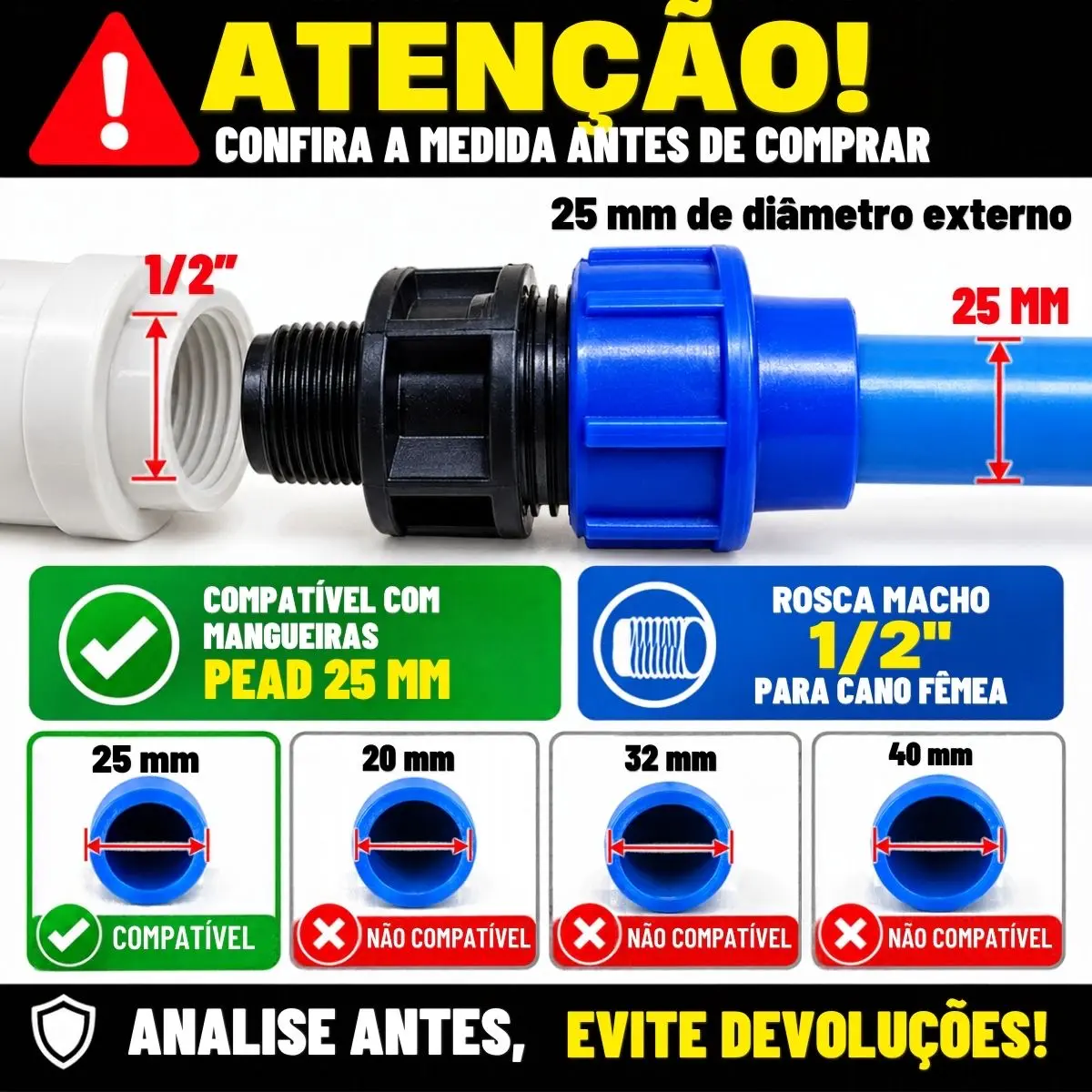 Adaptador Macho de Compressão PEAD 25 mm x 1/2" – Rosca Macho