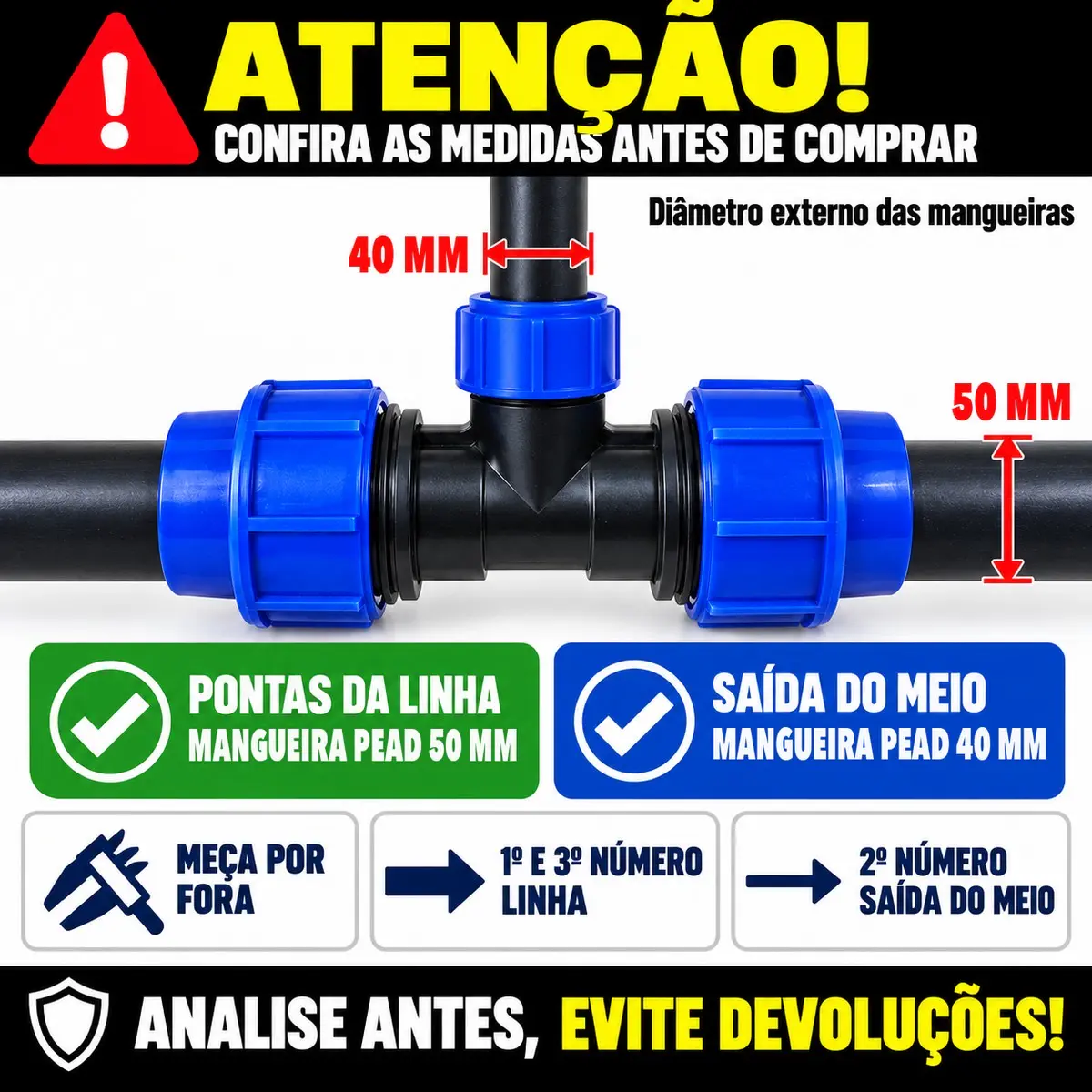 Tê Redutor de Compressão PEAD 50 x 40 x 50 mm – Derivação com Redução
