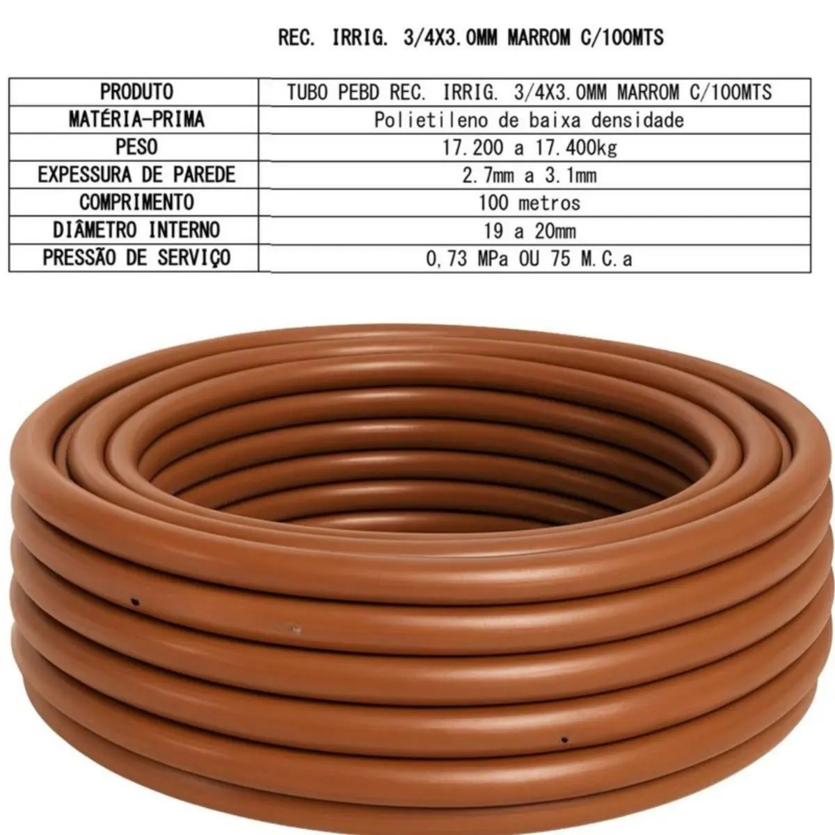 Mangueira PEBD Marrom 3/4" x 3,0 mm Rolo 100 m – Marcação Metro a Metro