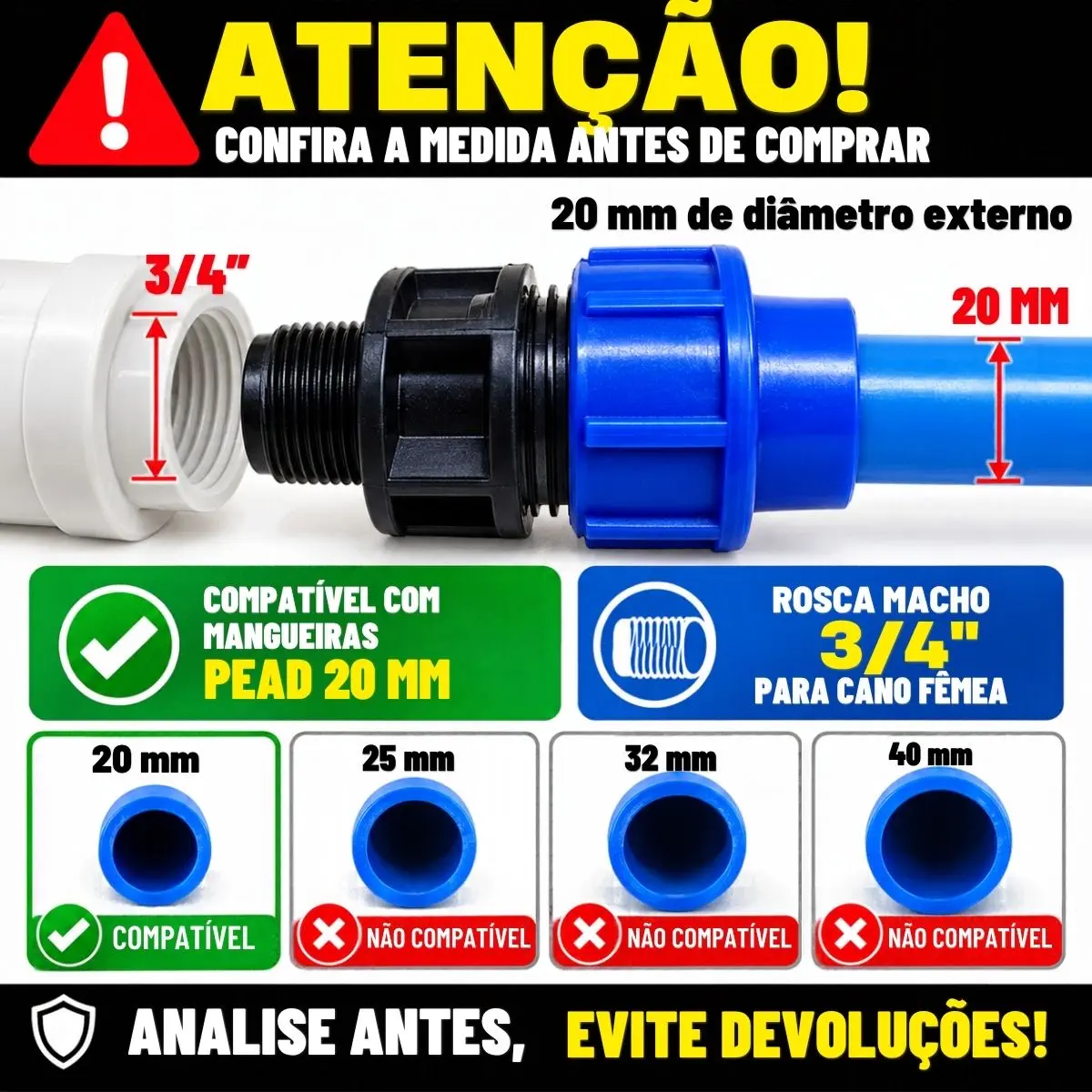 Adaptador Macho de Compressão PEAD 20 mm x 3/4" – Rosca Macho
