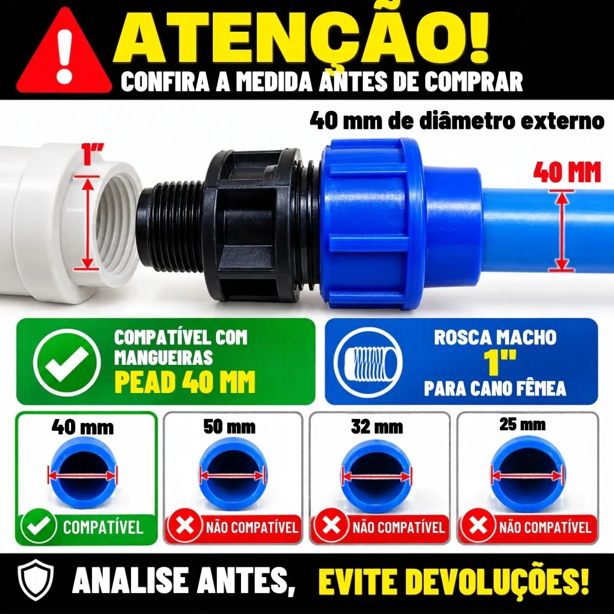 Adaptador Macho de Compressão PEAD 40 mm x 1" – Rosca Macho