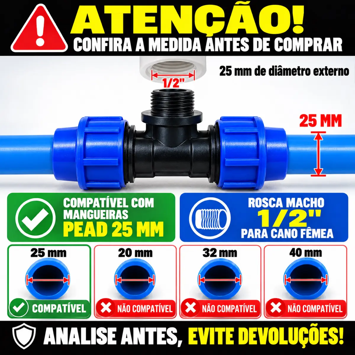 Tê Macho de Compressão PEAD 25 mm x 1/2" – Saída com Rosca Macho