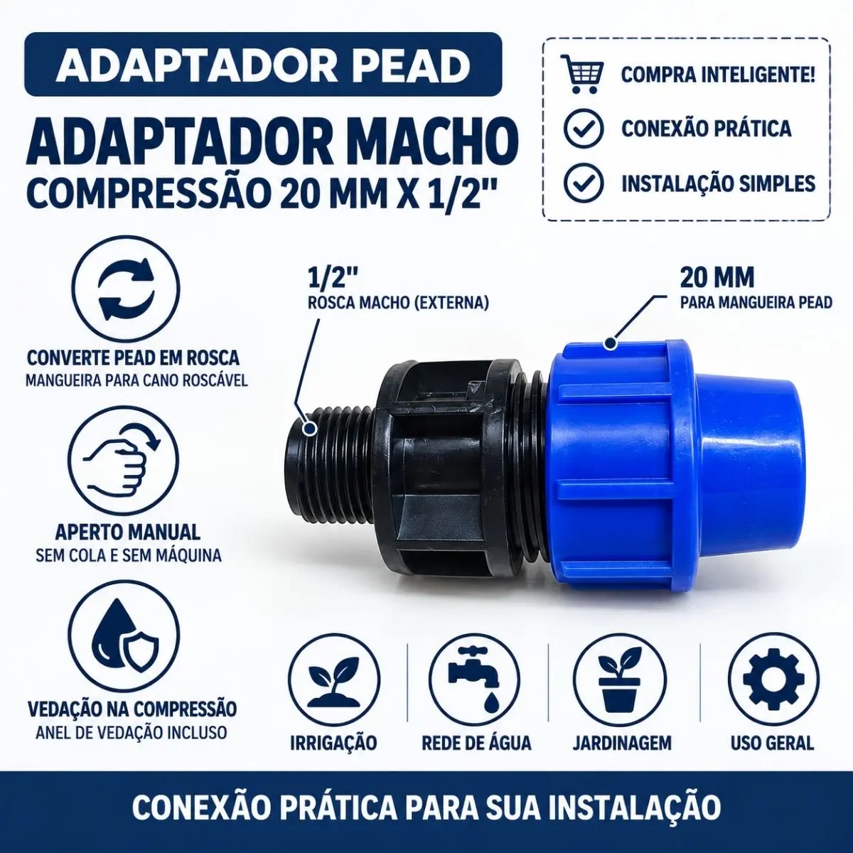 Adaptador Macho de Compressão PEAD 20 mm x 1/2" – Rosca Macho