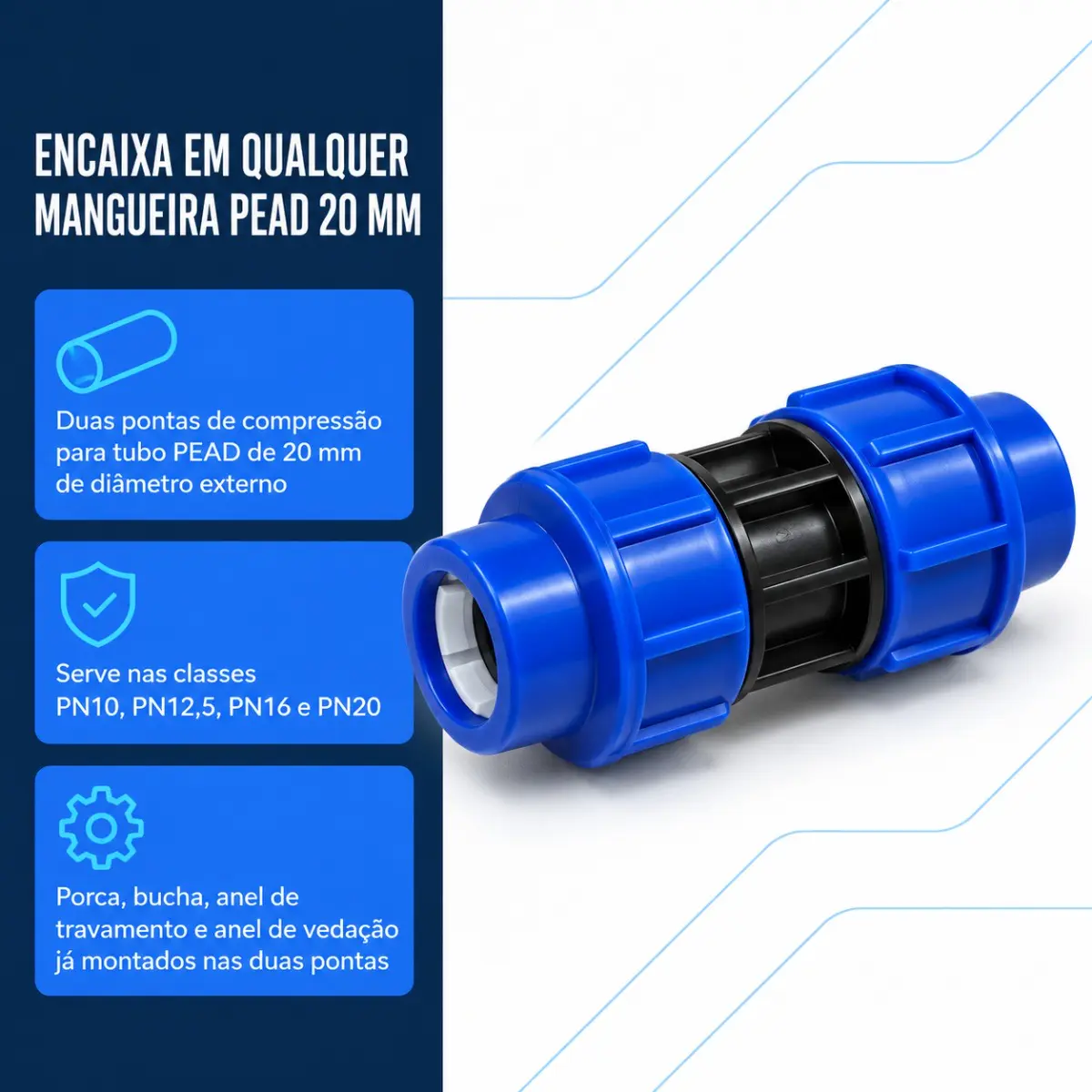 União de Compressão PEAD 20 mm – Luva para Tubo e Mangueira PEAD