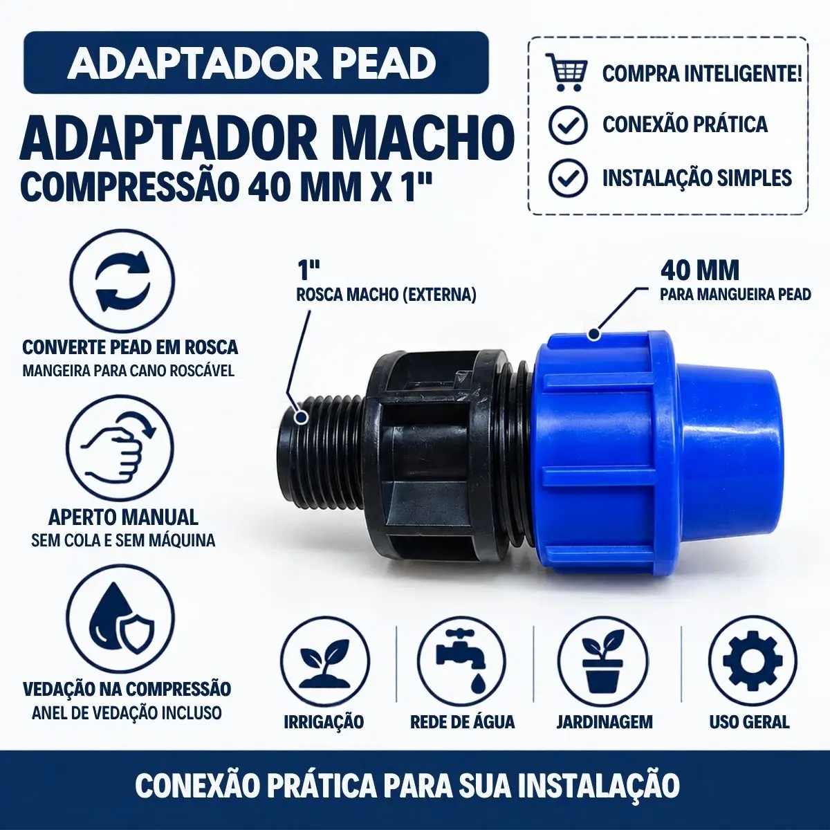 Adaptador Macho de Compressão PEAD 40 mm x 1" – Rosca Macho