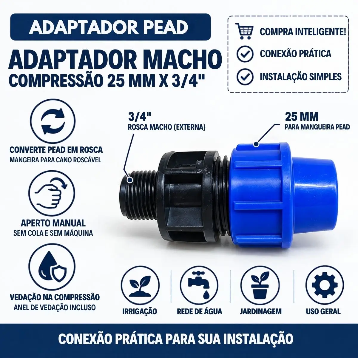 Adaptador Macho de Compressão PEAD 25 mm x 3/4" – Rosca Macho