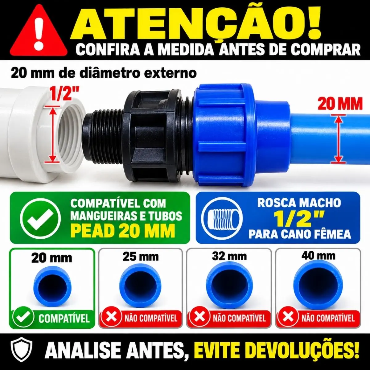 Adaptador Macho de Compressão PEAD 20 mm x 1/2" – Rosca Macho