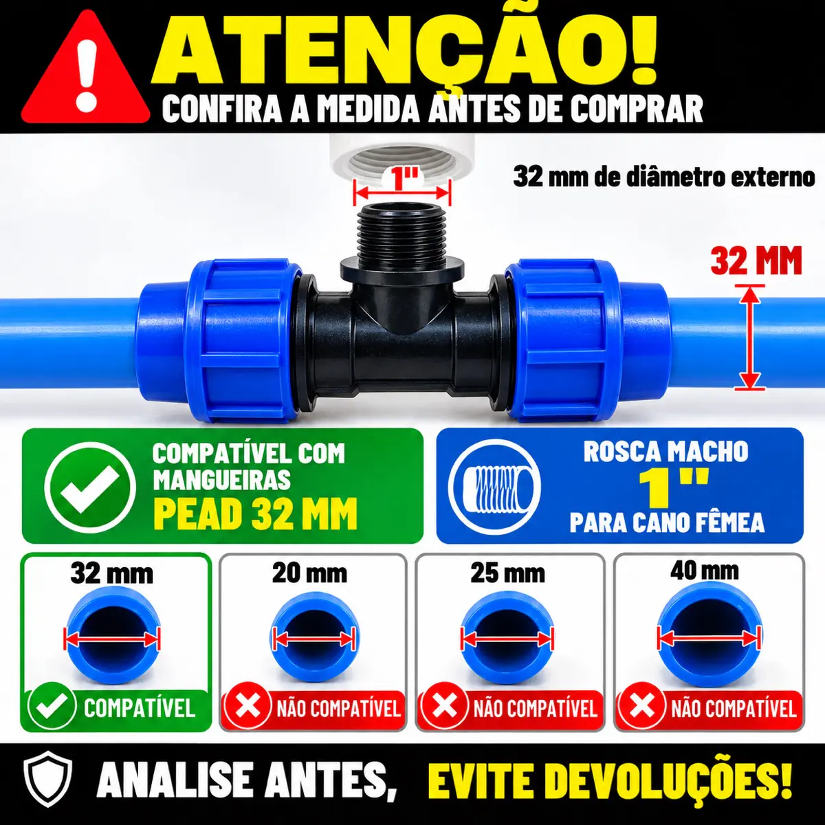 Tê Macho de Compressão PEAD 32 mm x 1" – Saída com Rosca Macho