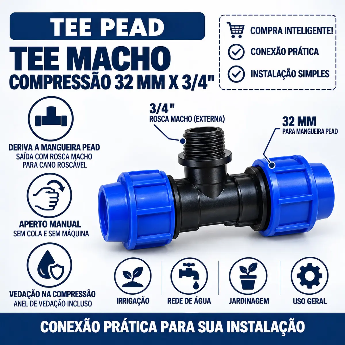 Tê Macho de Compressão PEAD 32 mm x 3/4" – Saída com Rosca Macho