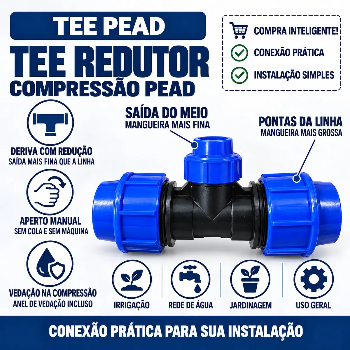 Tê Redutor de Compressão PEAD 32 x 20 x 32 mm – Derivação com Redução