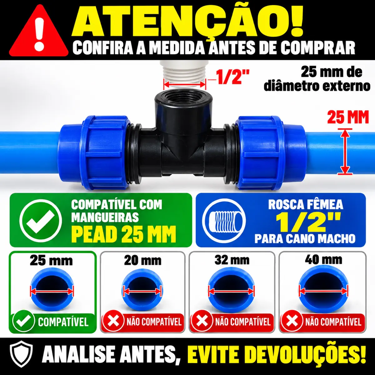 Tê Fêmea de Compressão PEAD 25 mm x 1/2" – Saída com Rosca Fêmea
