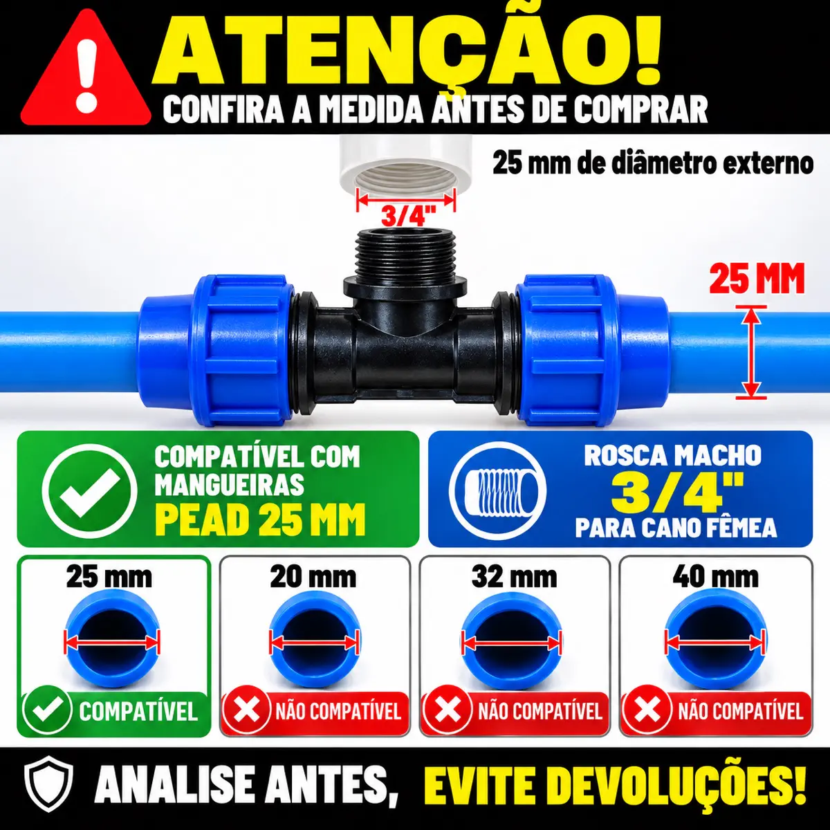 Tê Macho de Compressão PEAD 25 mm x 3/4" – Saída com Rosca Macho