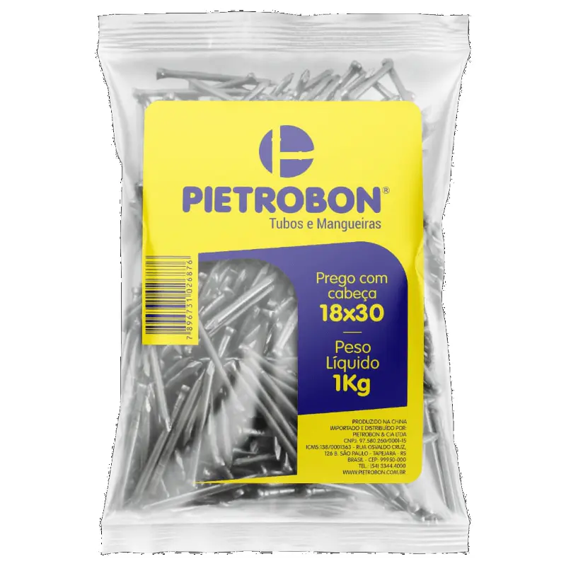 Prego de Aço Polido 18x30 Cabeça Simples – Pacote 1 kg